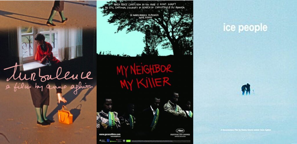 Posters of Turbulence, My Neighbor My Killer and Ice People, films by Anne Aghion